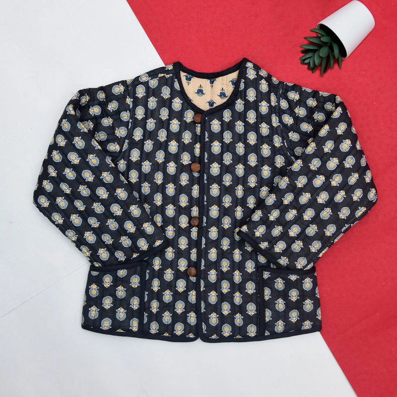 Black And Beige Quilted 100% Cotton Reversible Full Sleeve Jacket Unisex (0-12 Years)