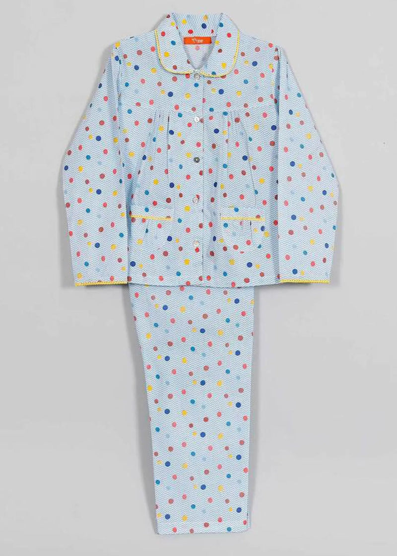 Chevron Dots Blue Full Sleeve Cotton Nightsuit Girl (0-12 Years)