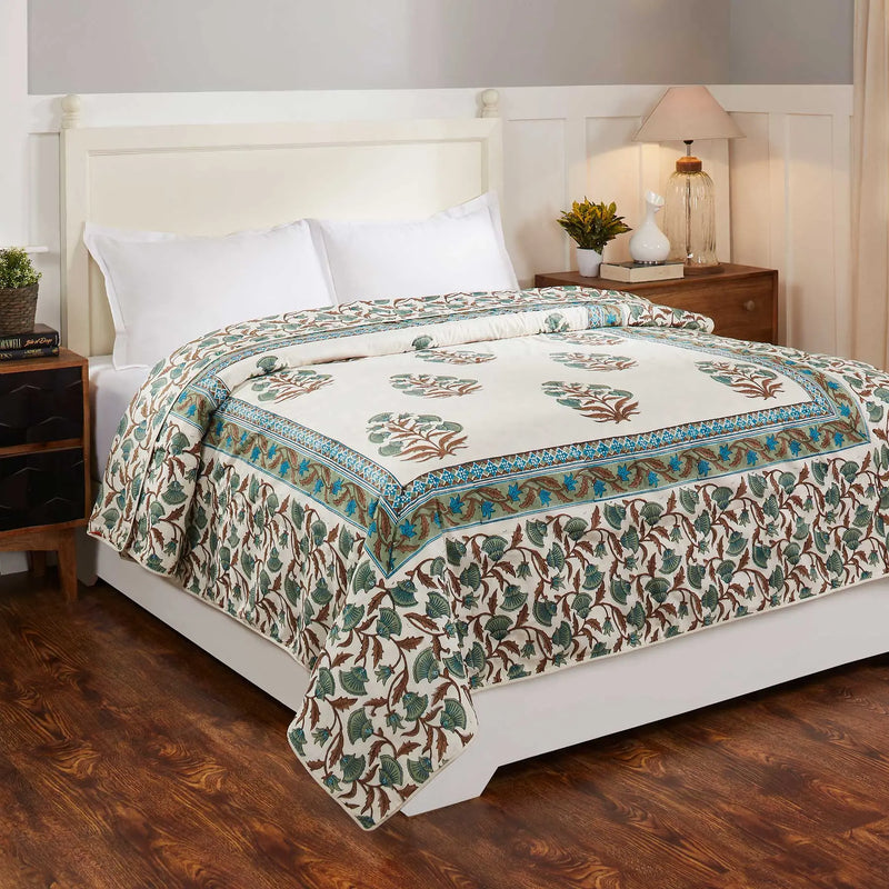 Umeed Jaal Green and Teal Hand Block Print Cotton Dohar