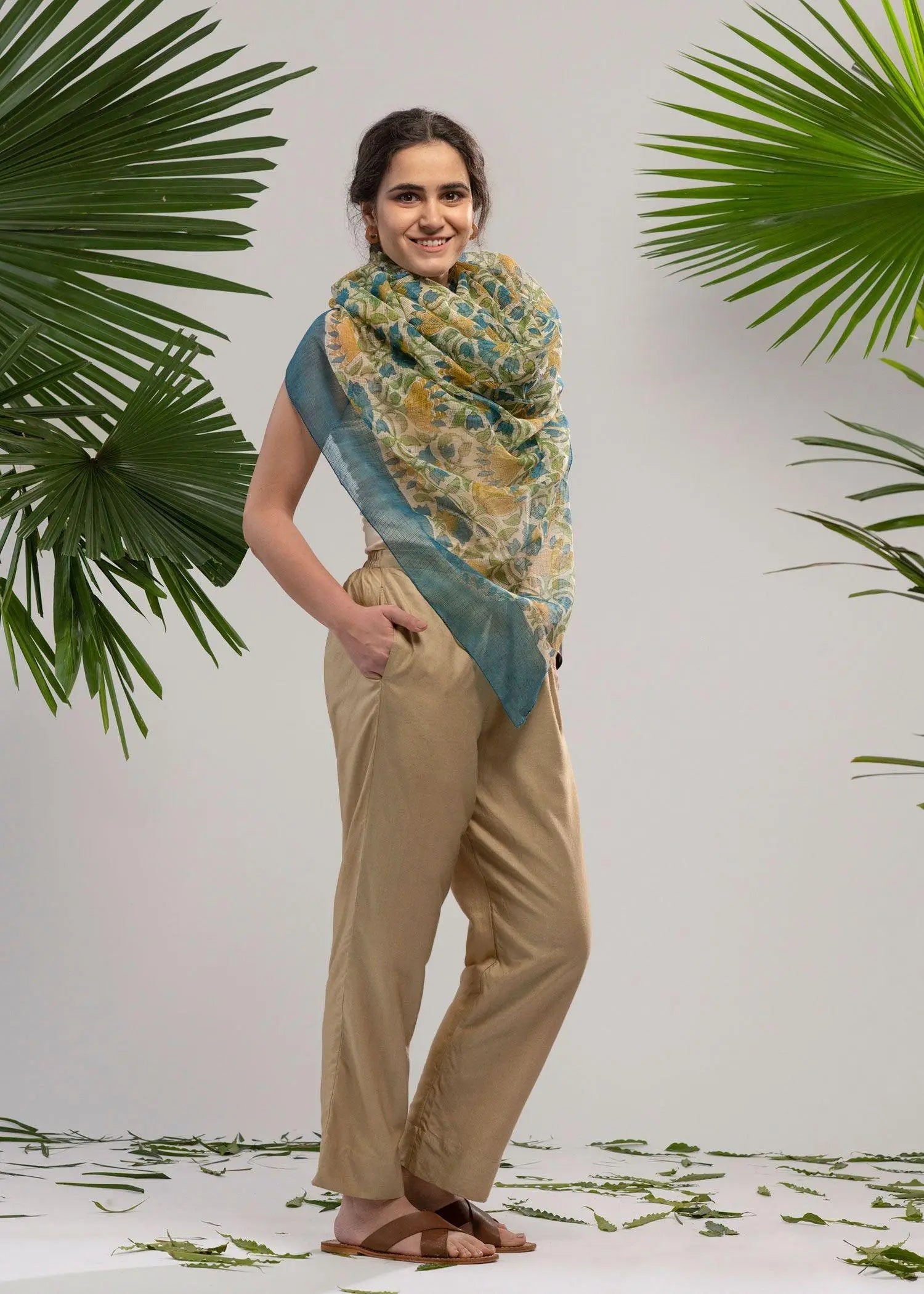 Beige and Multi Color Floral Jaal Kota Doria Dupatta