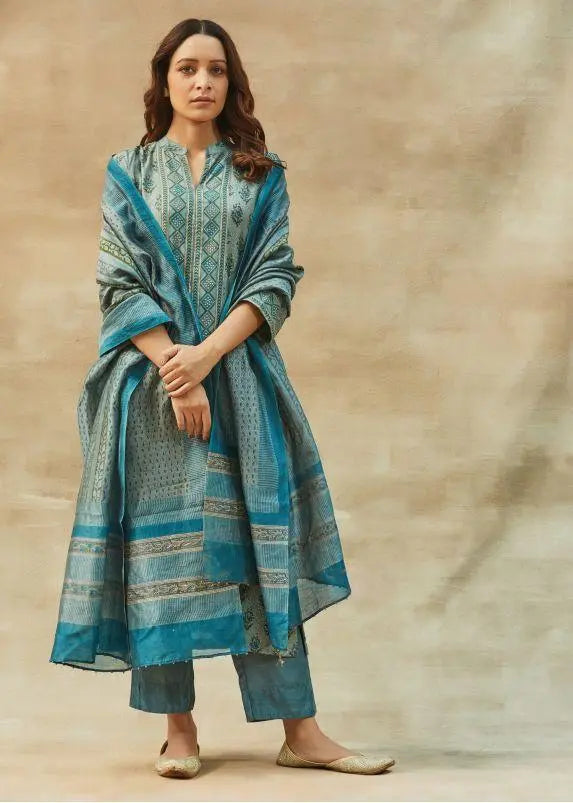 Mineral Blue Chanderi Block Printed Dupatta
