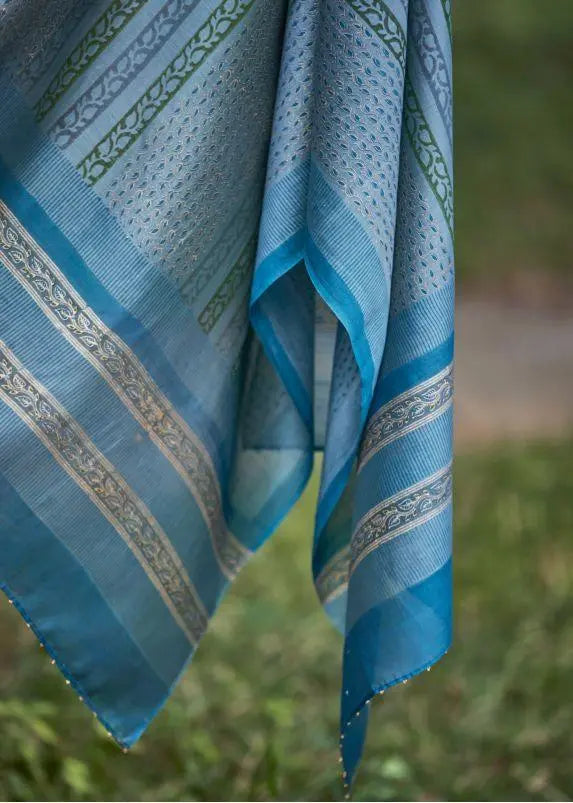 Mineral Blue Chanderi Block Printed Dupatta