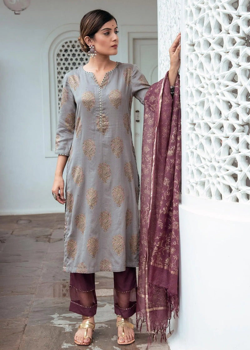 Purple Color Hand Block Print Kota Zari Dupatta