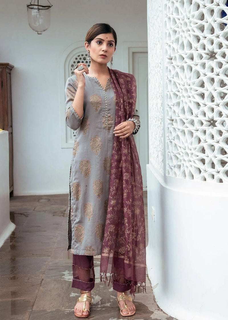 Purple Color Hand Block Print Kota Zari Dupatta