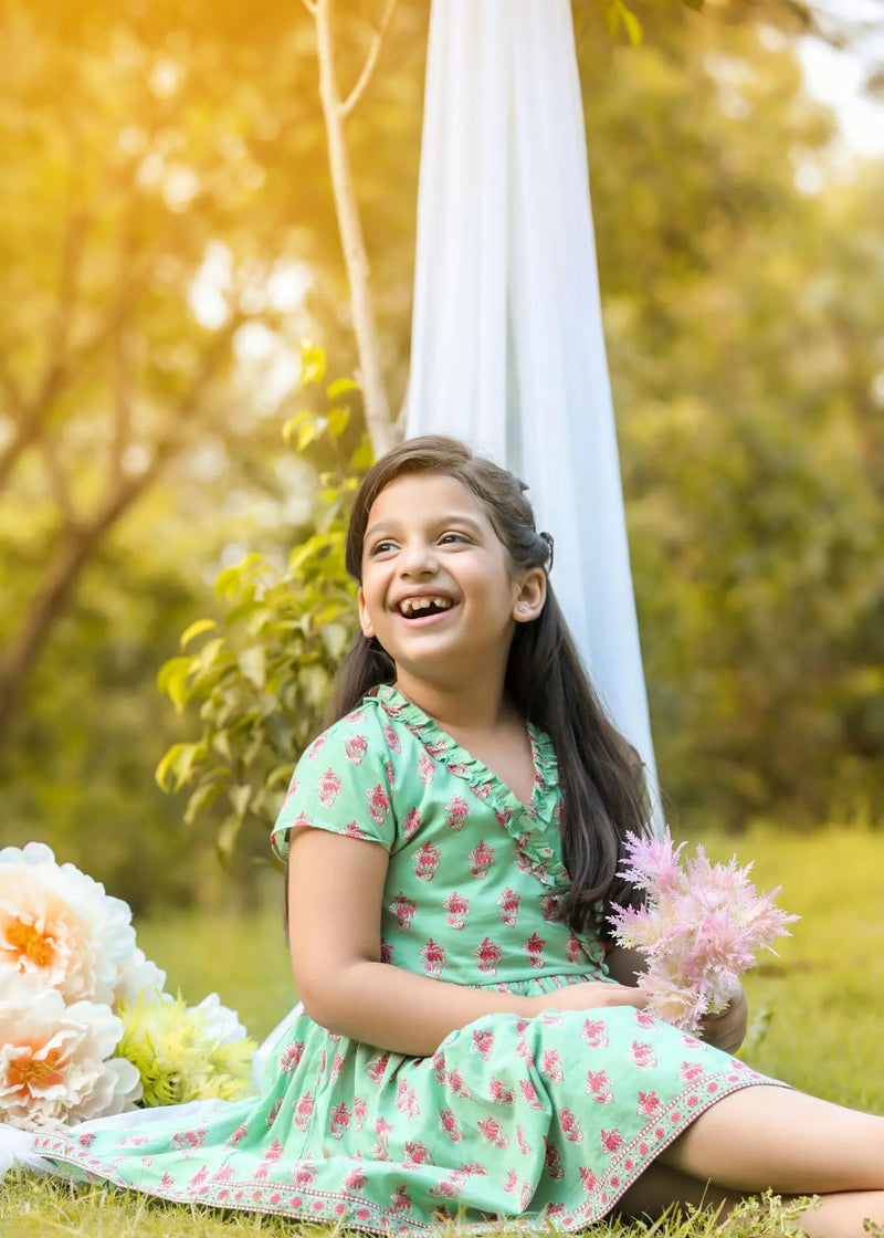 Sanya Petunia Buti Green Cotton Dress Girl (2-9 Years)
