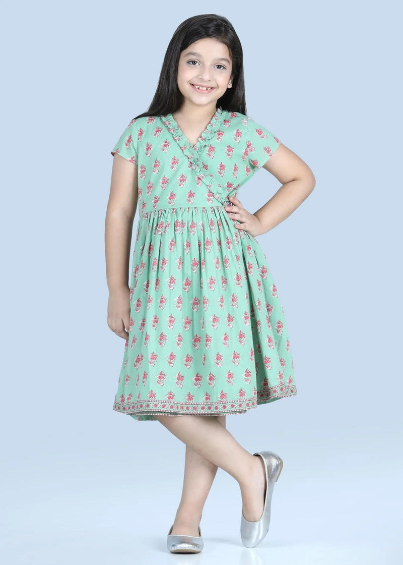 Sanya Petunia Buti Green Cotton Dress Girl (2-9 Years)