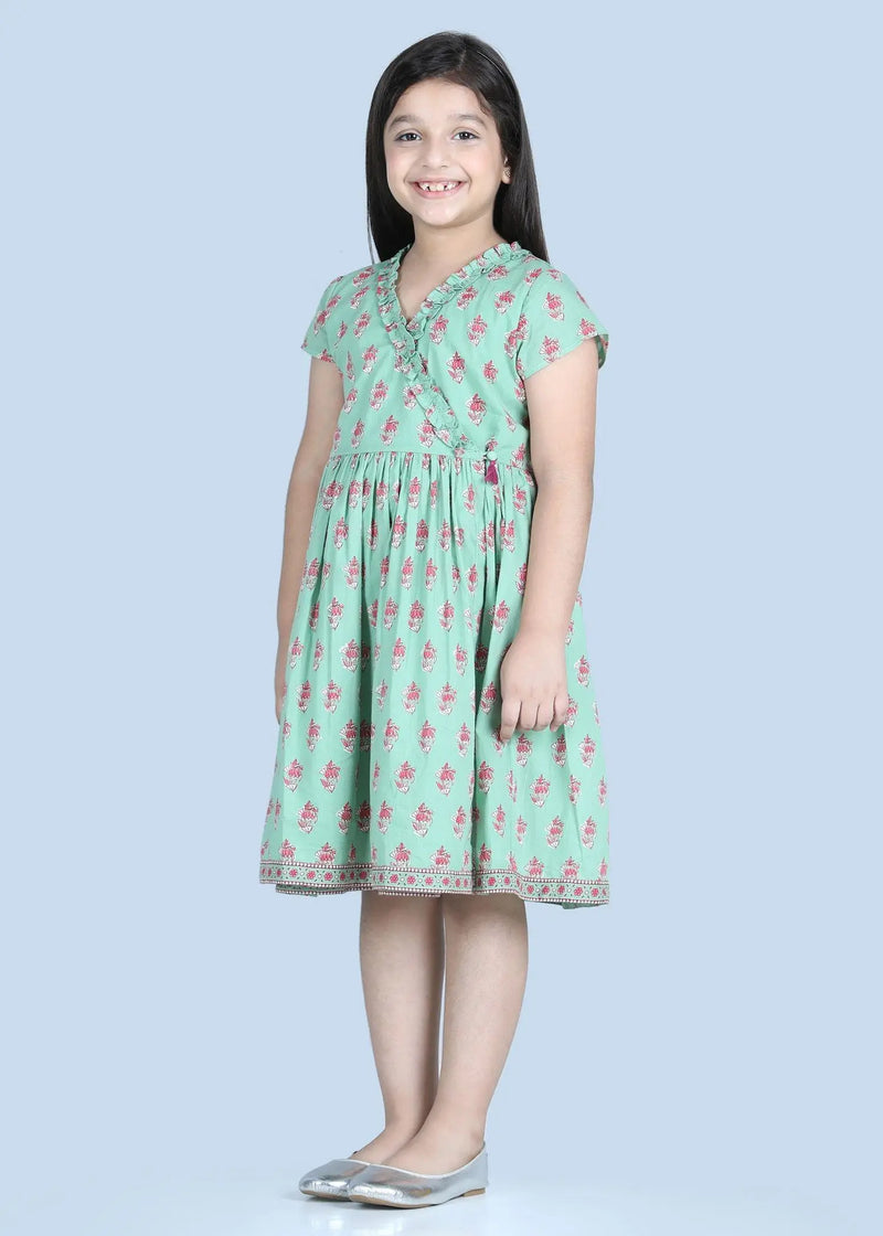 Sanya Petunia Buti Green Cotton Dress Girl (2-9 Years)