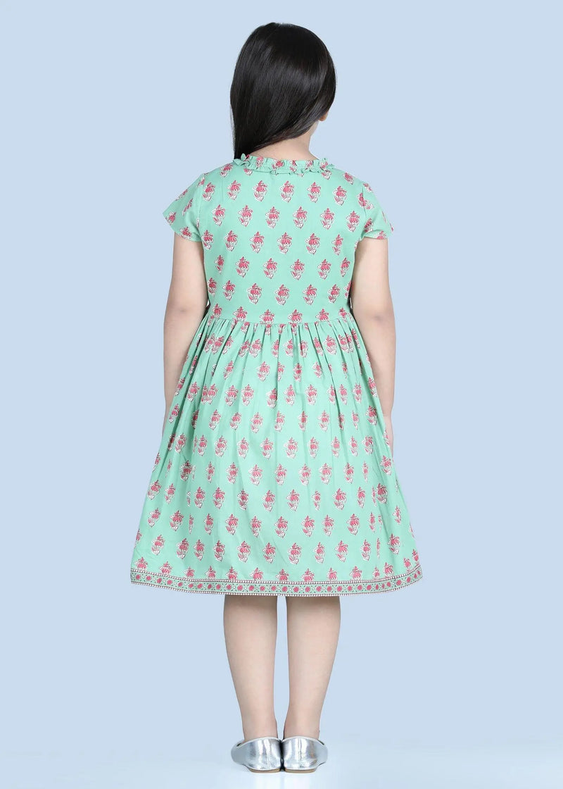 Sanya Petunia Buti Green Cotton Dress Girl (2-9 Years)