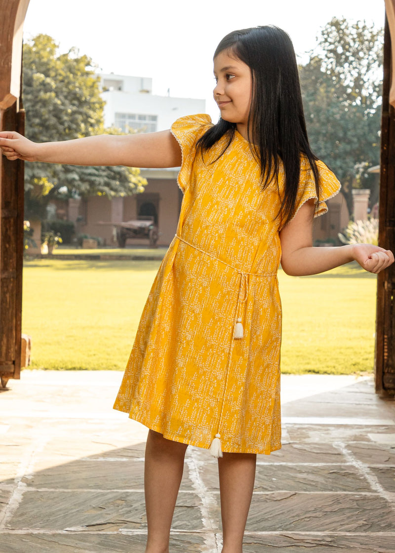 Flower Leaves Yellow Cotton Dress Girl (2 to 9 Years)