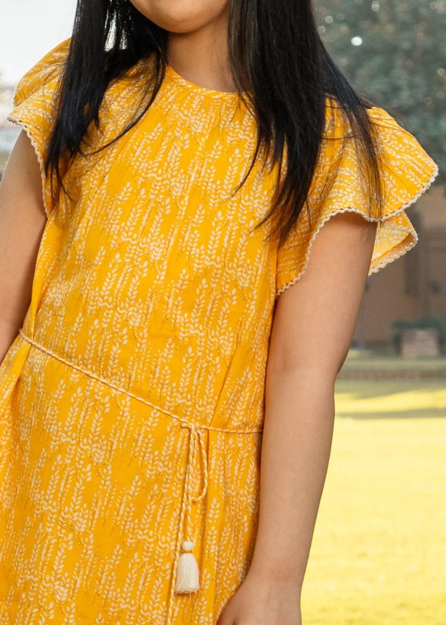 Flower Leaves Yellow Cotton Dress Girl (2 to 9 Years)