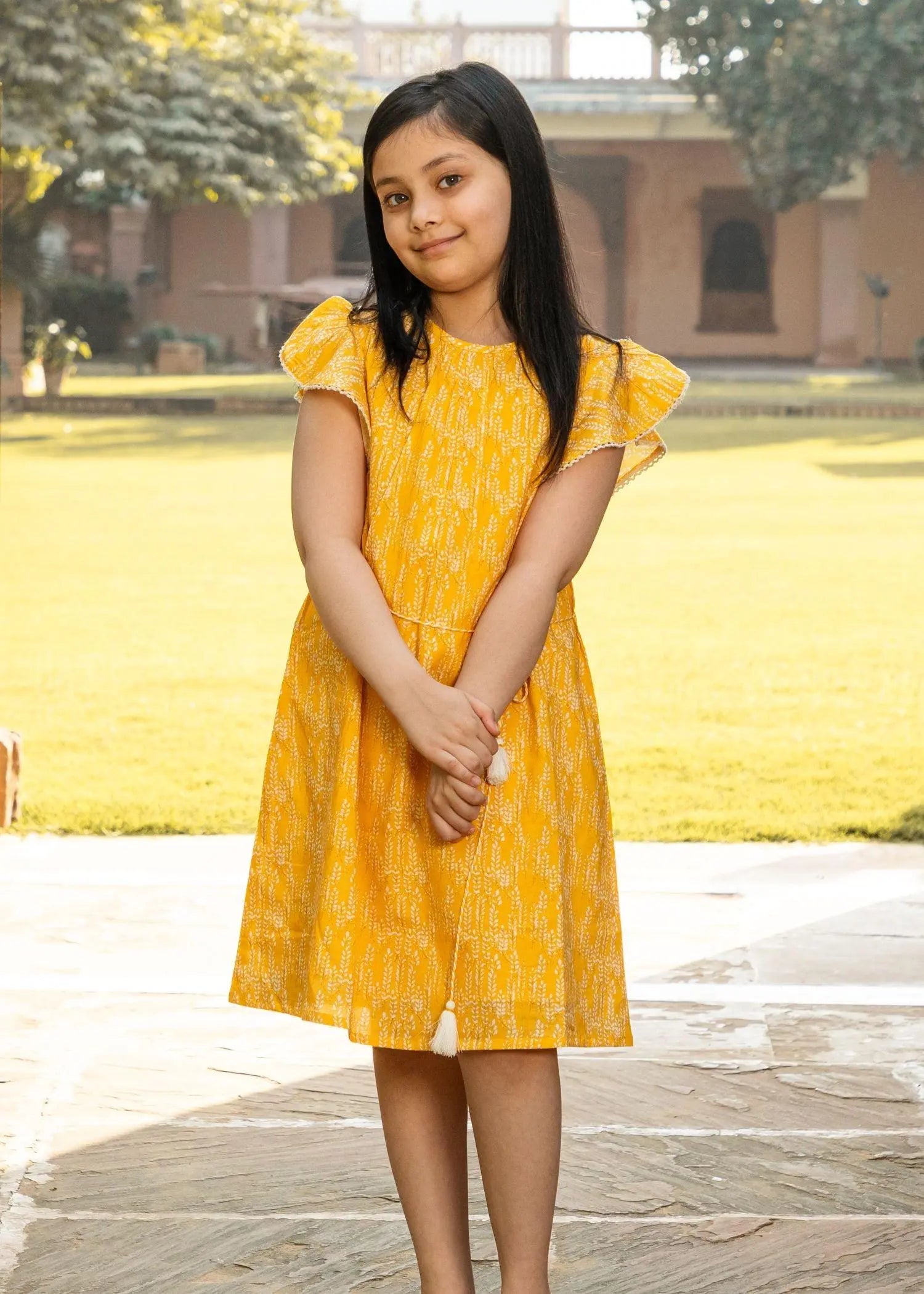 Flower Leaves Yellow Cotton Dress Girl (2 to 9 Years)