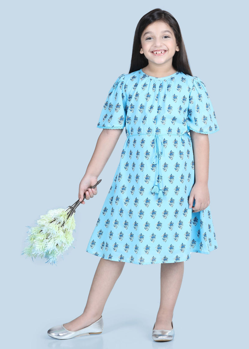 Flory Petunia Buti Blue Cotton Dress Girl (2-9 Years)