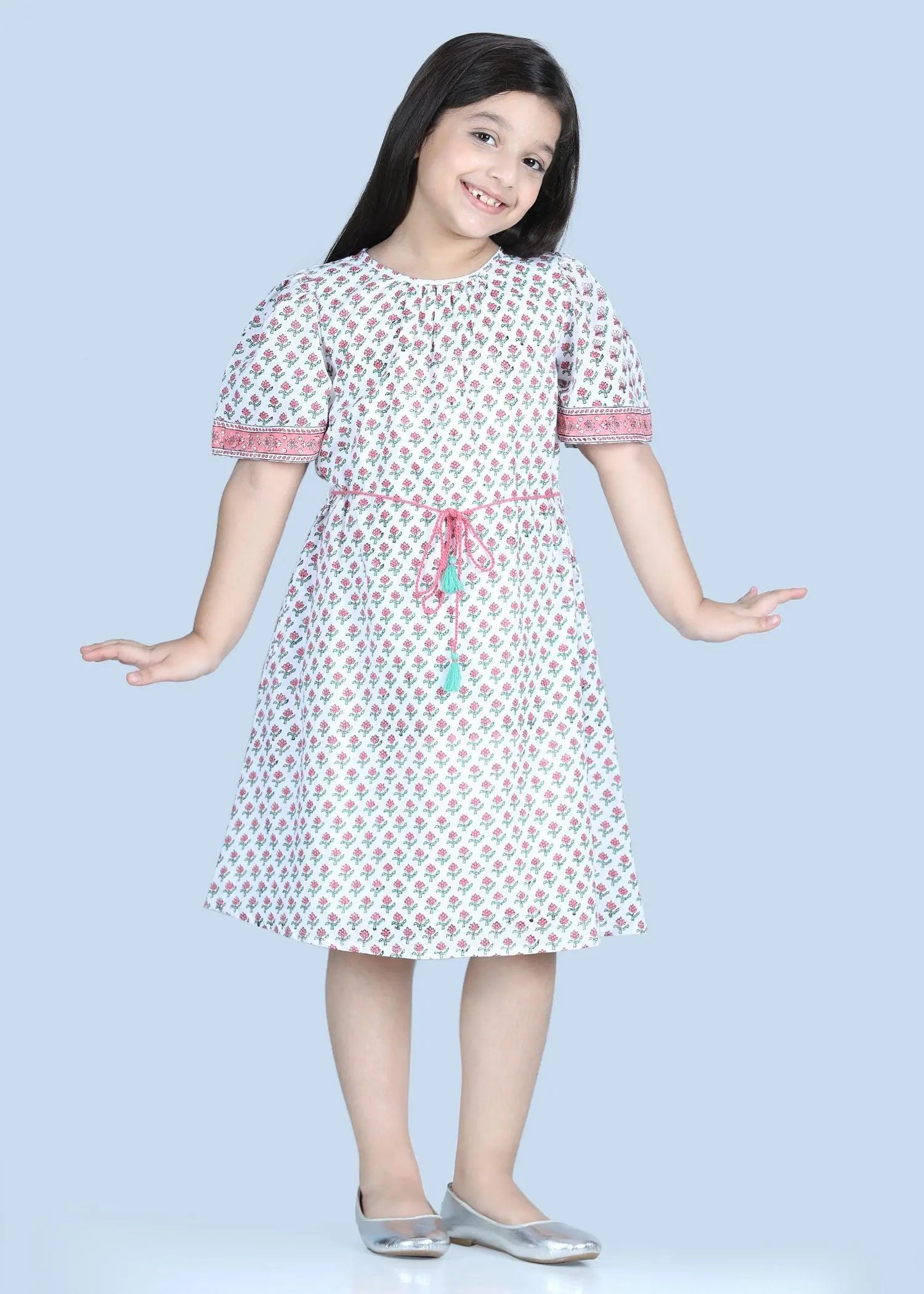 Maitri Badam Buti White Cotton Dress Girl (2-9 Years)