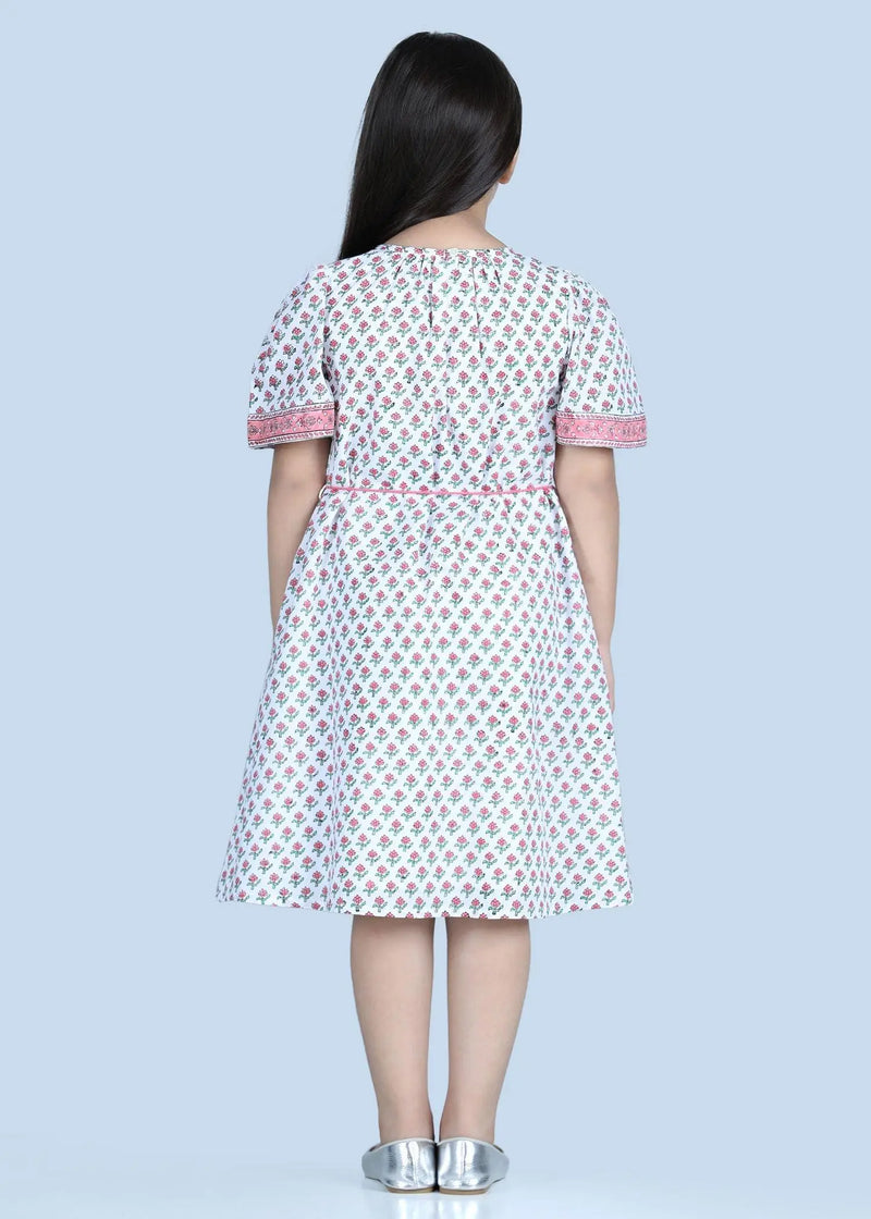 Maitri Badam Buti White Cotton Dress Girl (2-9 Years)