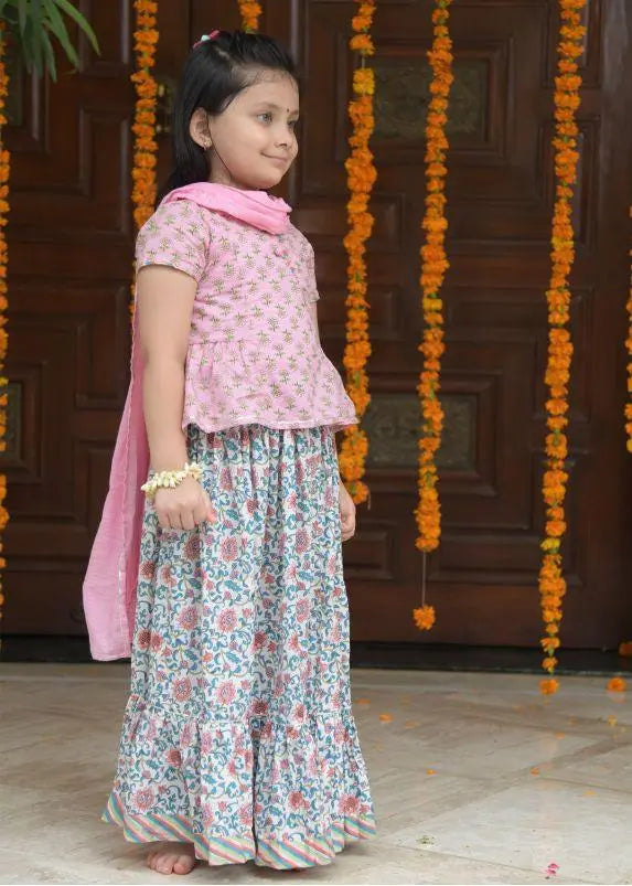 Damini Pink and White Cotton Top and Skirt Girl (12 Month to 12 Years)