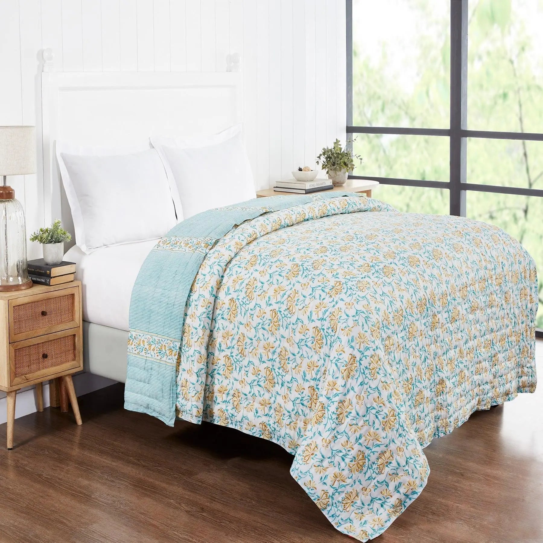 Umang Yellow & Green Hand Block Printed Extra Cotton Quilt