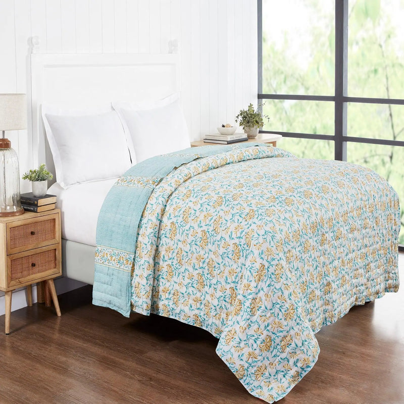 Umang Yellow & Green Hand Block Printed Extra Cotton Quilt