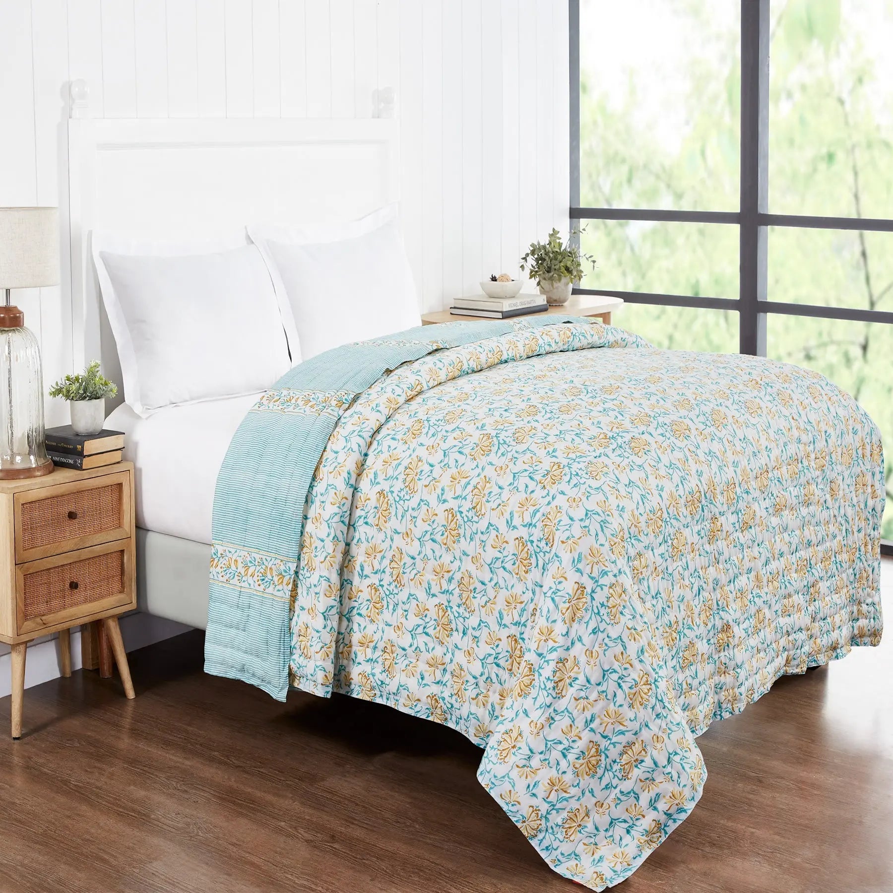 Umang Yellow & Green Hand Block Printed Extra Cotton Quilt