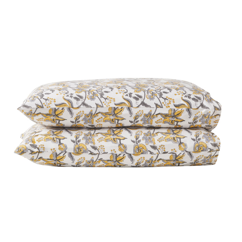 Daisy Yellow & Grey Hand Block Print Cotton Pillow Cover