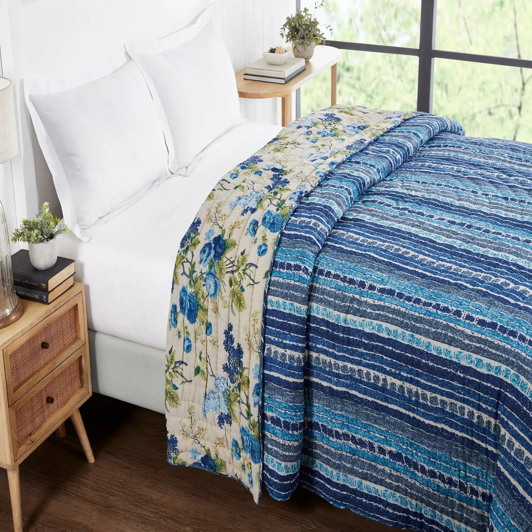 28 Flower Stripes Blue Hand Screen Print Extra Cotton Quilt