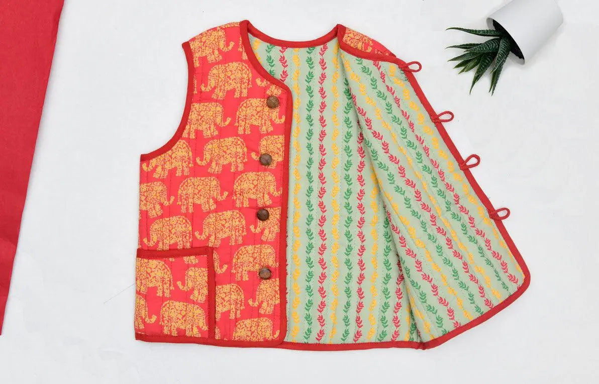 Green And Red Quilted 100% Cotton Reversible Bundi Unisex (0-12 Years)