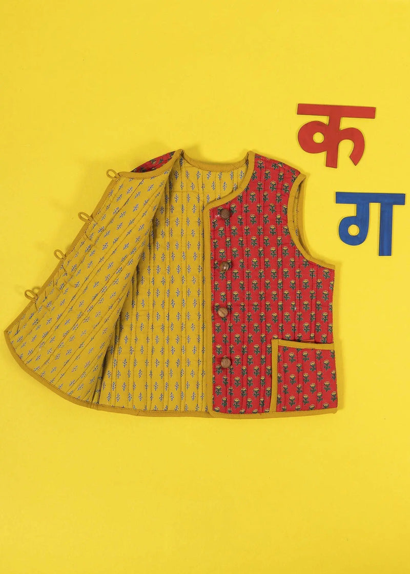 Red and Yellow Quilted 100% Cotton Reversible Bundi Unisex (1-3 Years)