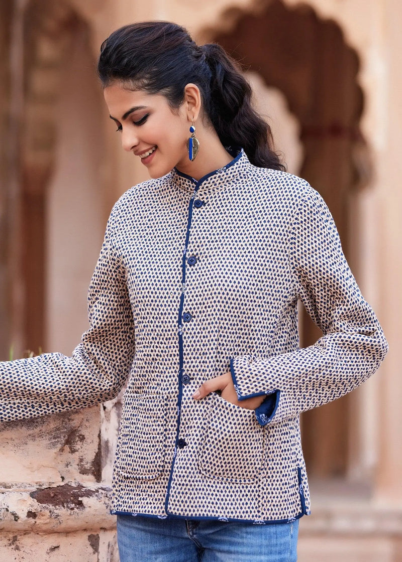 Navy And Beige Color Quilted Reversible Full Sleeves Jacket