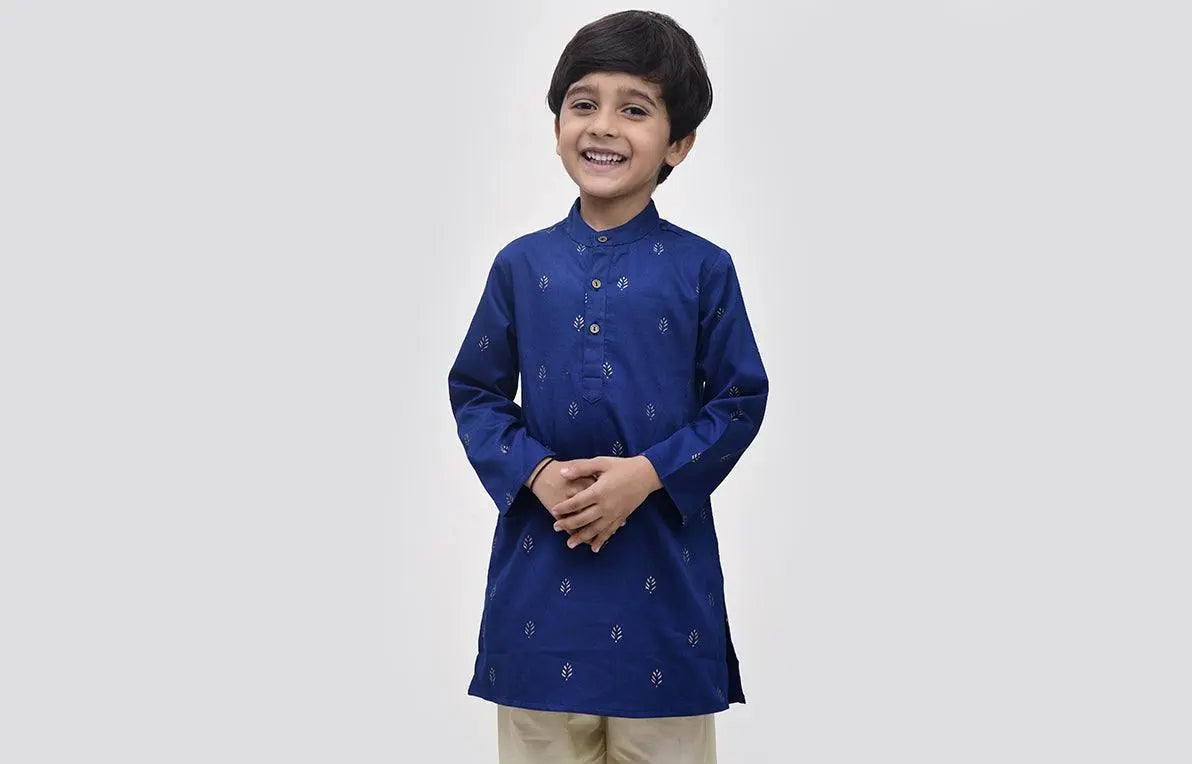 Rogan Print Navy Cotton Satin Kurta Boy (6 Month to 12 Years)