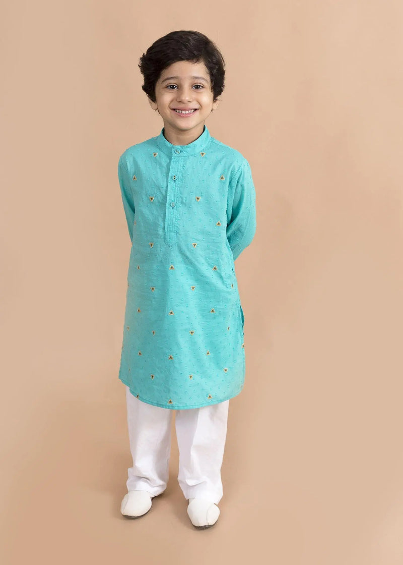 Embroidered Teal Cotton Kurta Boy (6 Month to 12 Years)