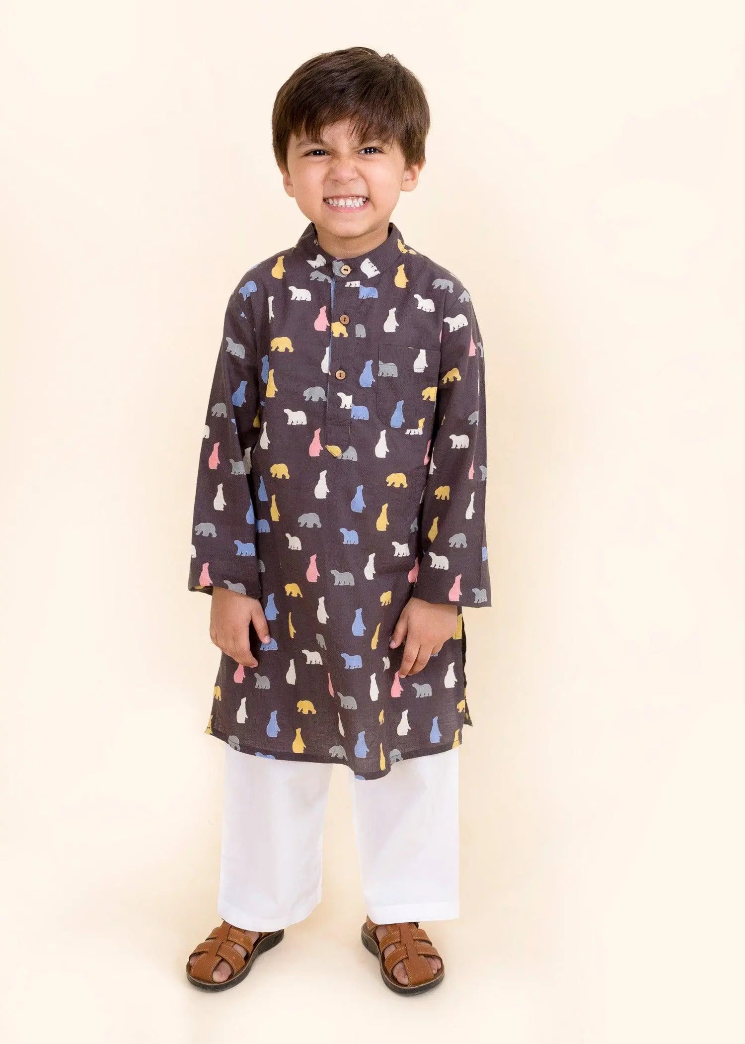 Bear Brown Cotton Kurta Boy  (6 Months to 12 Years)