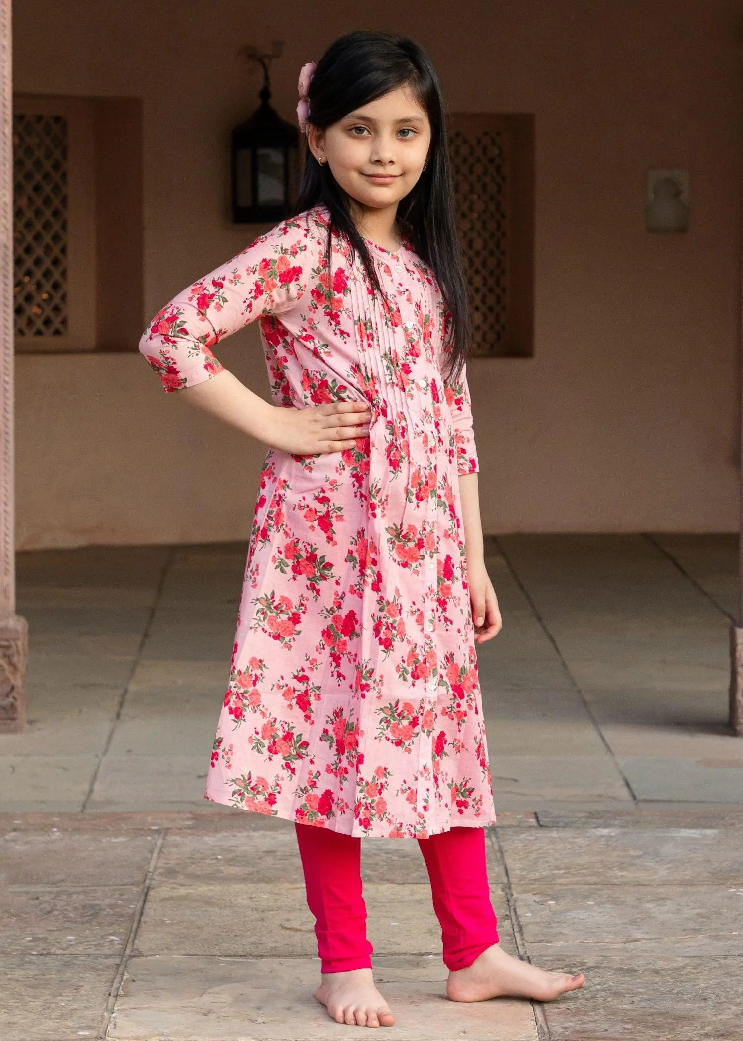 Soumya Posy Pink Cotton Kurta Girl (2-12 Years)