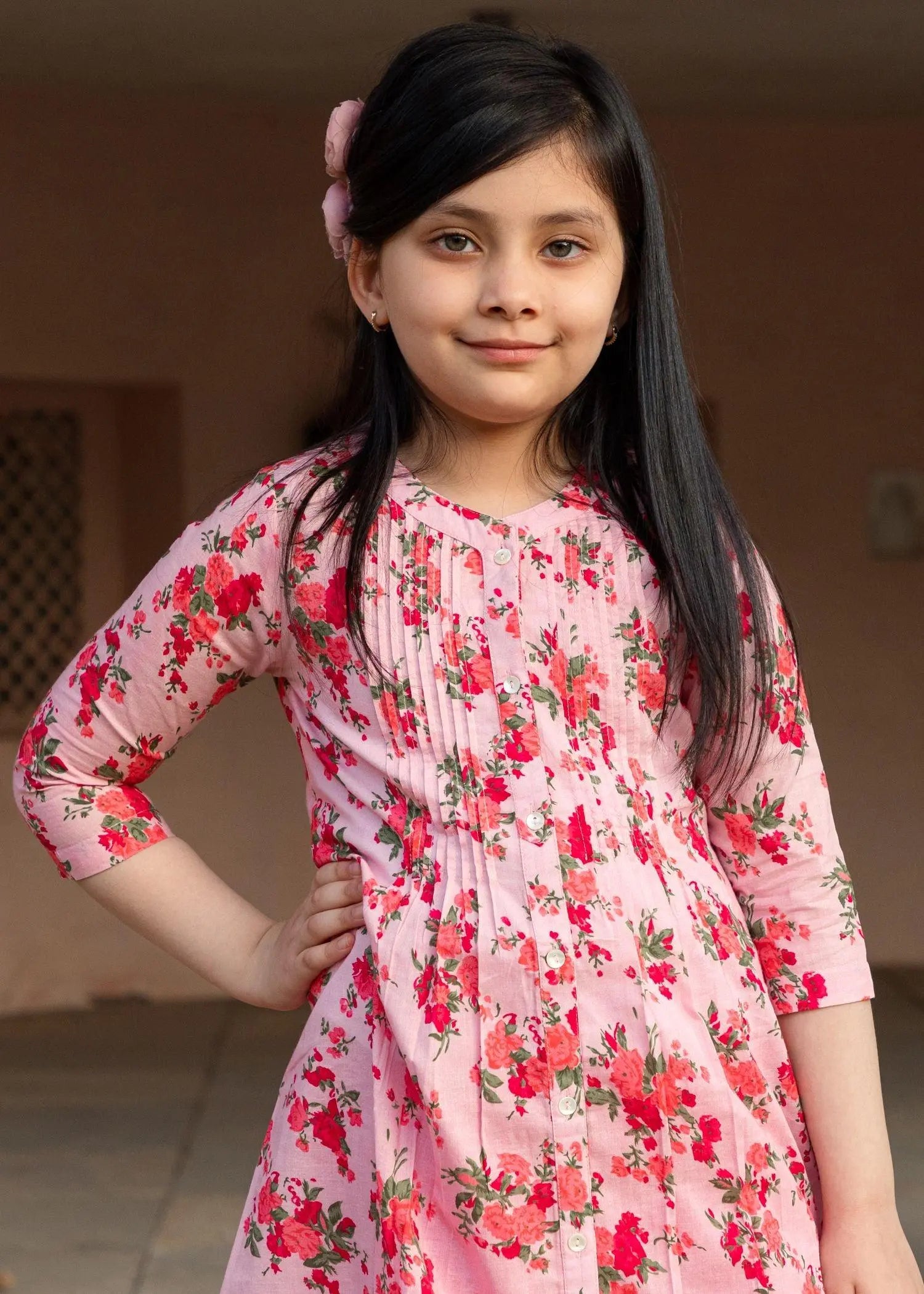 Soumya Posy Pink Cotton Kurta Girl (2-12 Years)