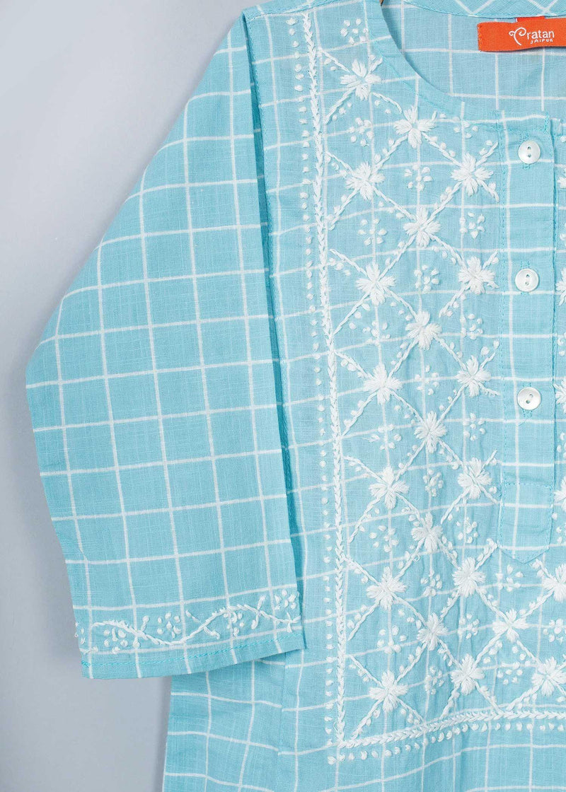 Lucknowi Blue Straight Cotton Long Kurta Girl (2-12 Years)