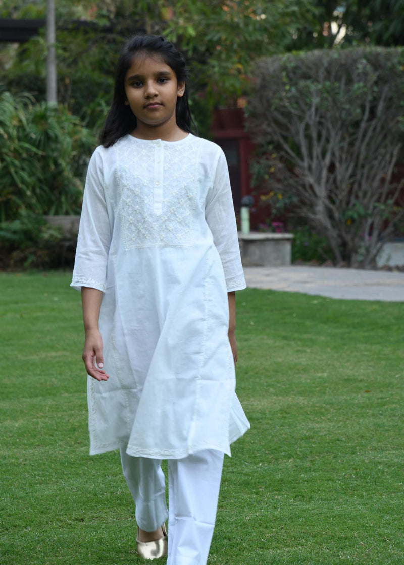 Lucknowi White Straight Cotton Kurta Girl (2-12 Years)