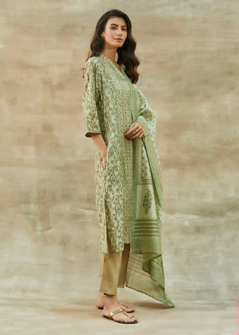 Rachna V-Neck Pistachio Green Block Printed Straight Kurta