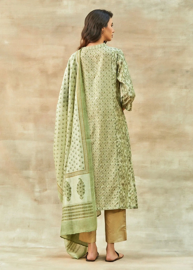 Rachna V-Neck Pistachio Green Block Printed Straight Kurta