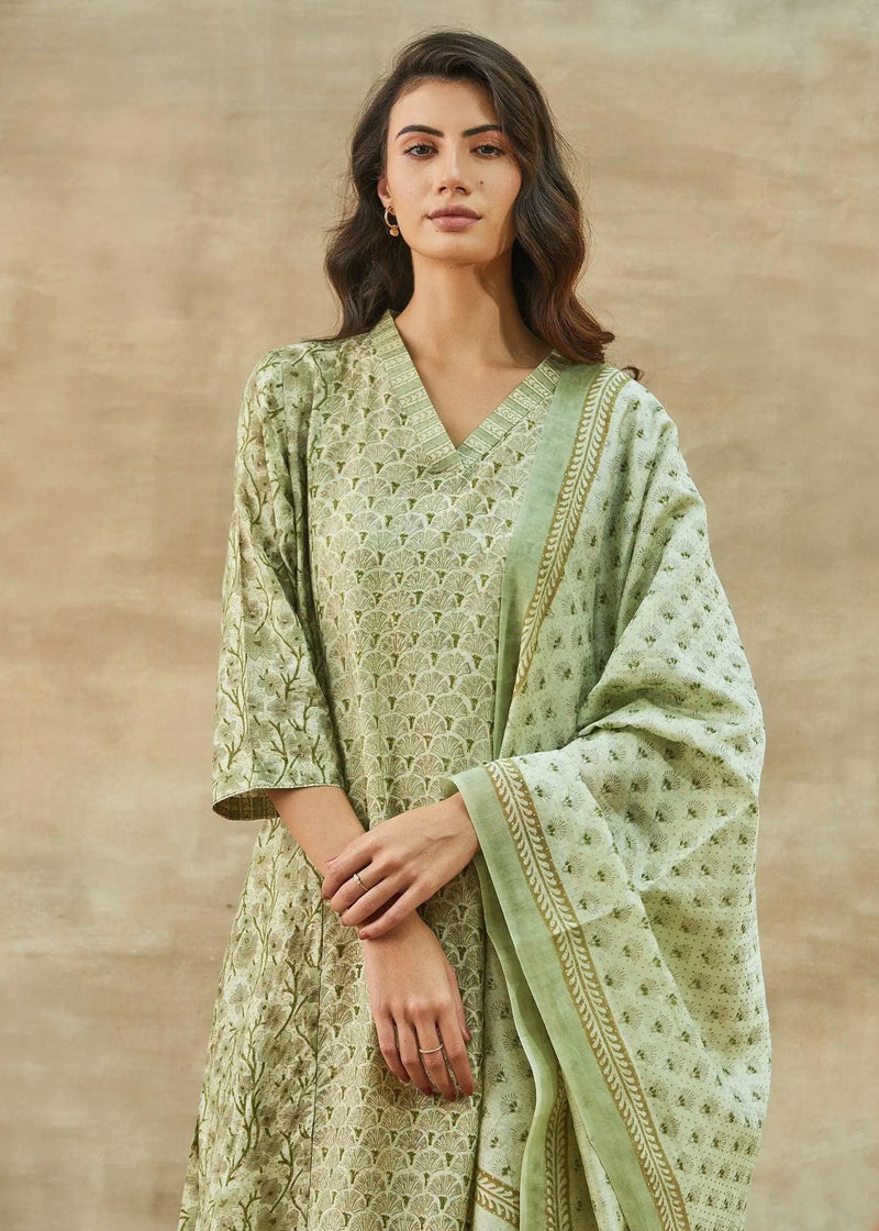 Rachna V-Neck Pistachio Green Block Printed Straight Kurta