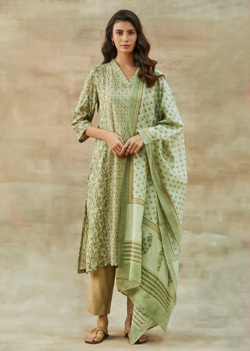 Rachna V-Neck Pistachio Green Block Printed Straight Kurta