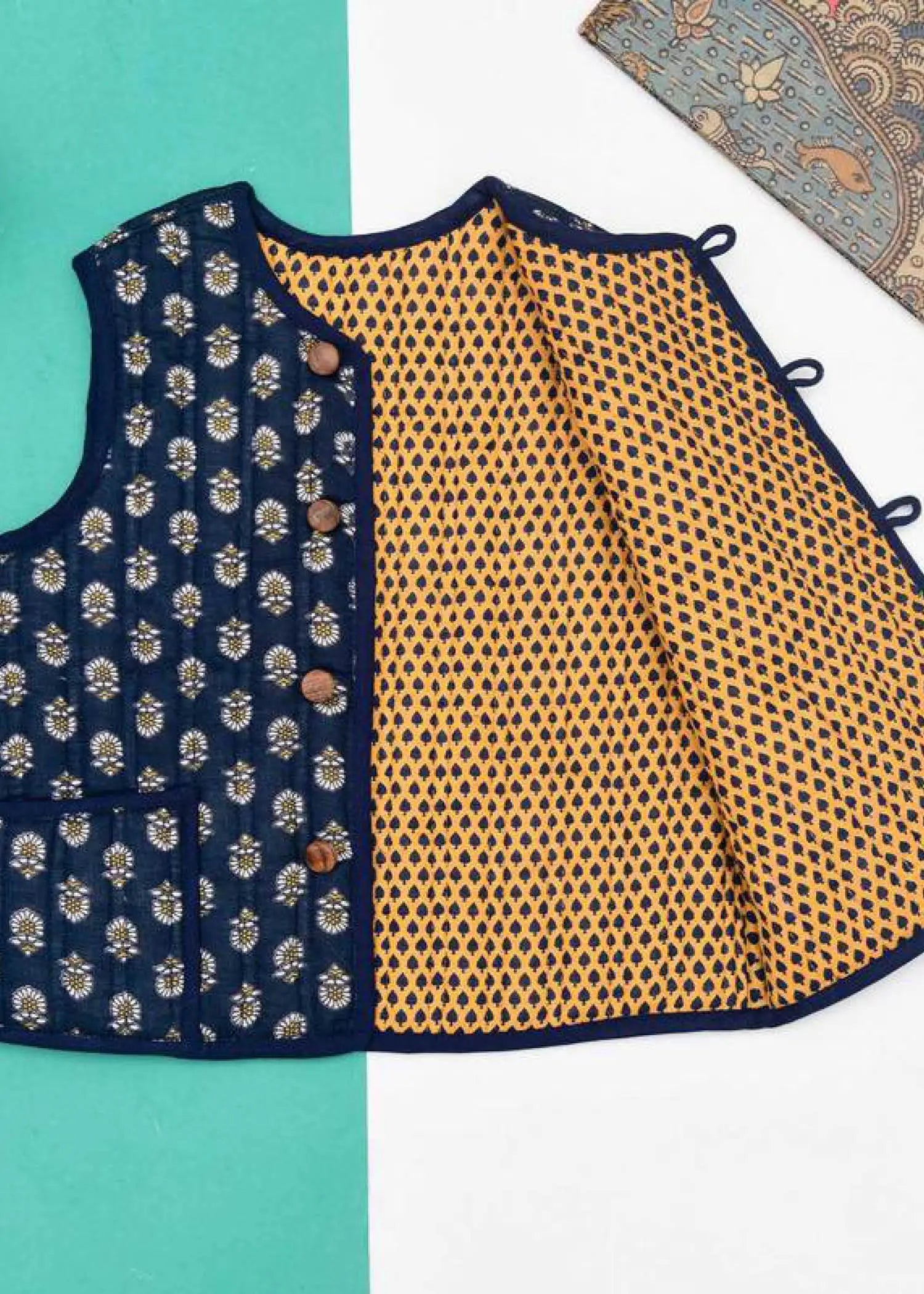 Mustard And Blue Quilted 100% Cotton Reverisble Bundi Unisex (0-12 Years)