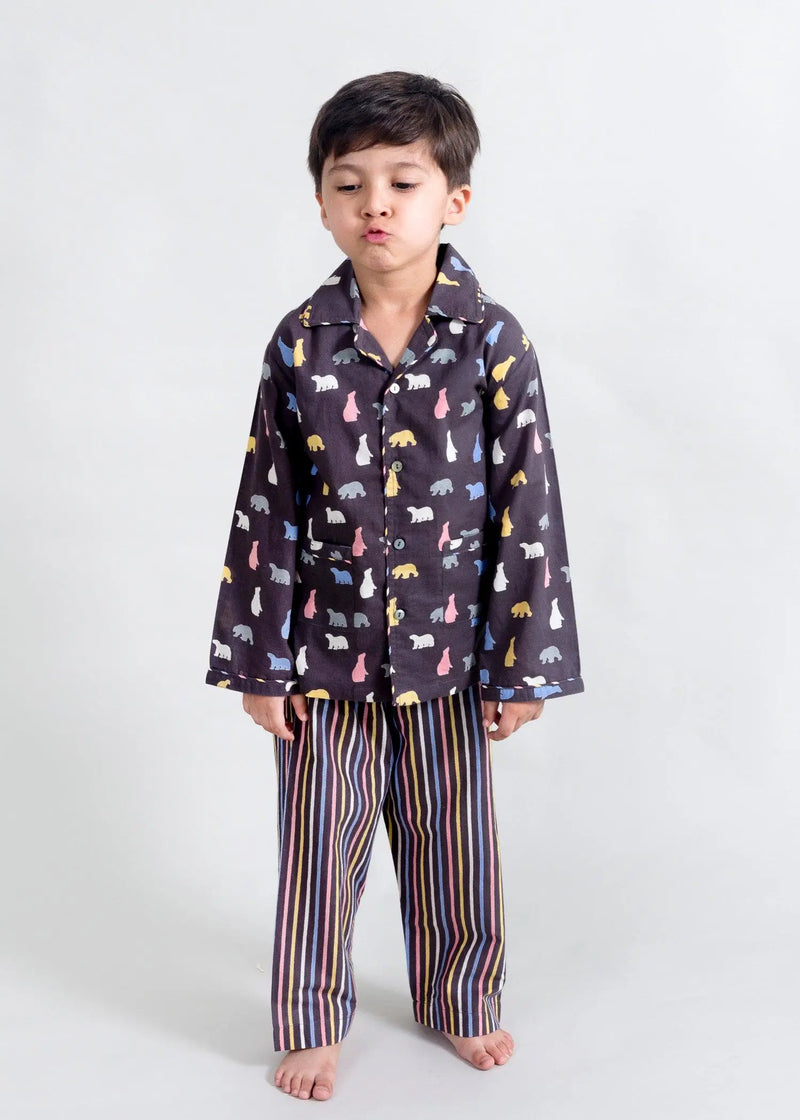 Bear Stripes Brown Full Sleeves Cotton Nighsuit Boy (1-14 Years)