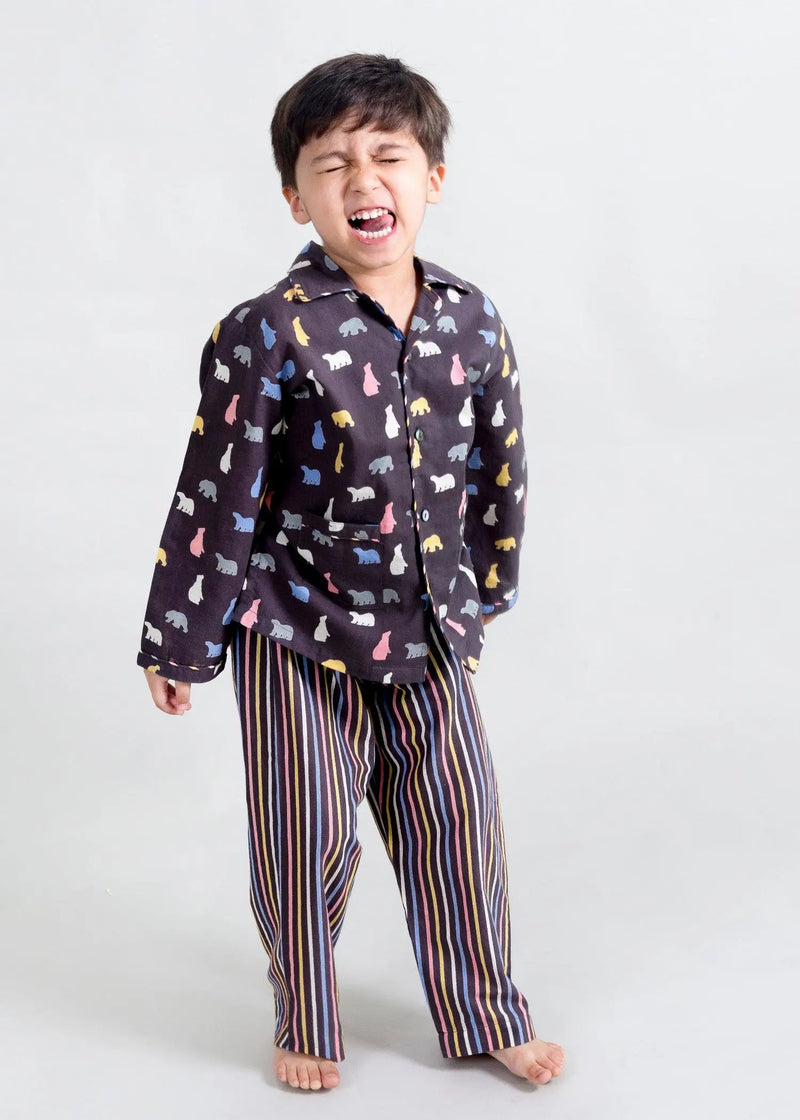 Bear Stripes Brown Full Sleeves Cotton Nighsuit Boy (1-14 Years)