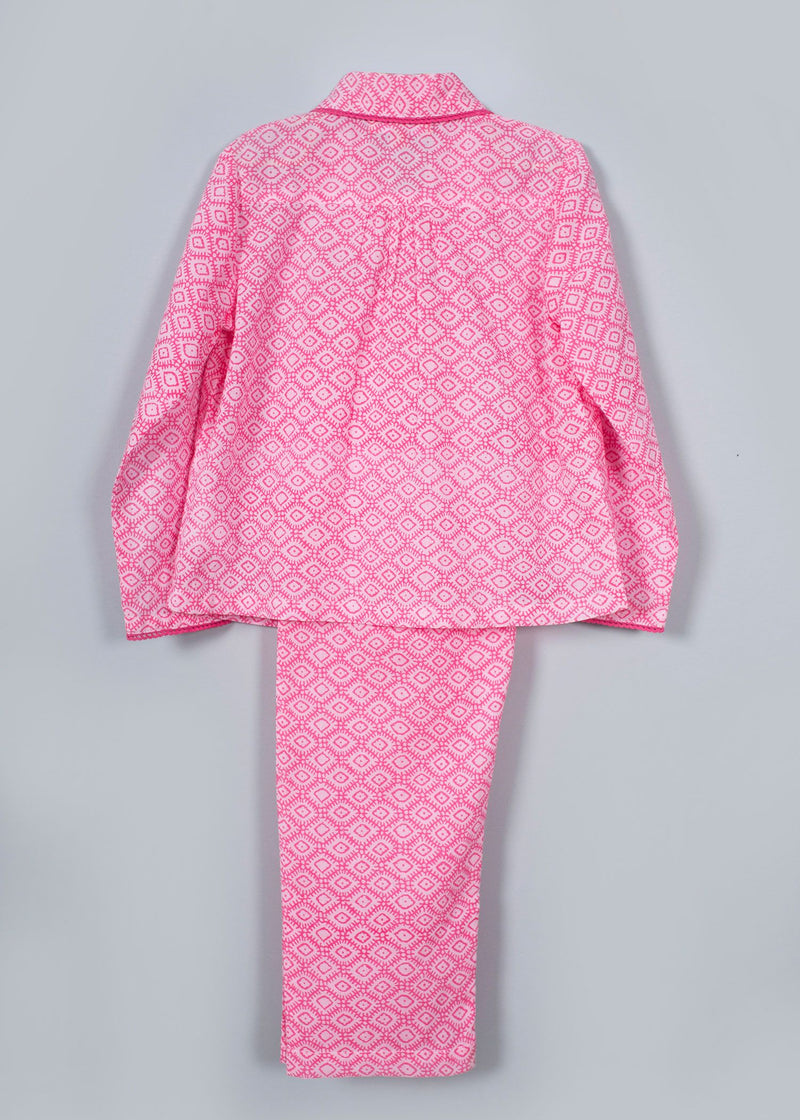 Geo Ethnic Pink Full Sleeve Cotton Nightsuit Girl (0-12 Years)