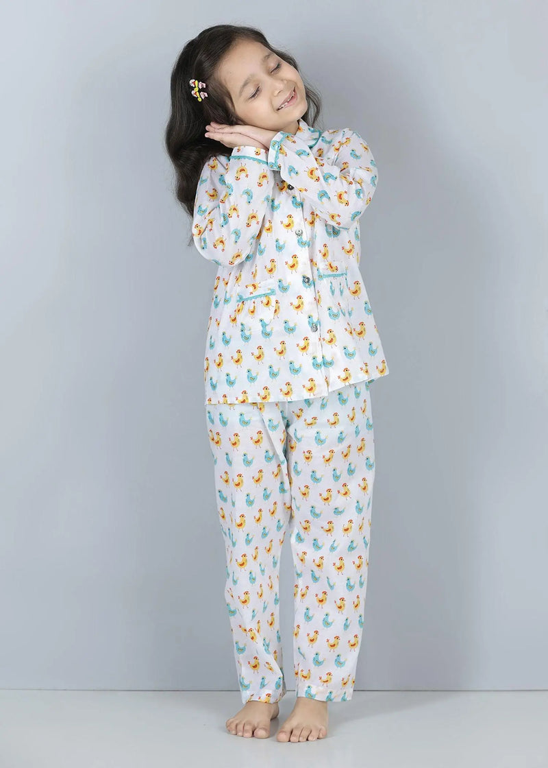 Hen Blue Full Sleeves Cotton Nighsuit Girl (1-12 Years)