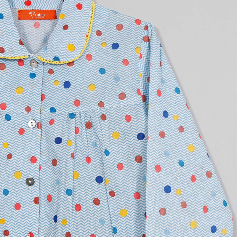 Chevron Dots Blue Full Sleeve Cotton Nightsuit Girl (0-12 Years)