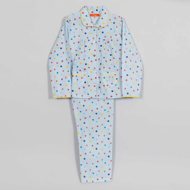 Chevron Dots Blue Full Sleeve Cotton Nightsuit Girl (0-12 Years)