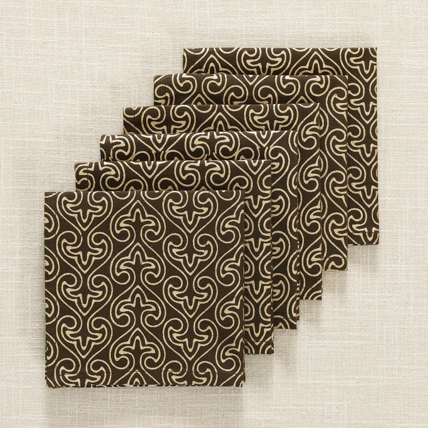 Panache Gold & Brown Cotton Cocktail Napkin Set of 6