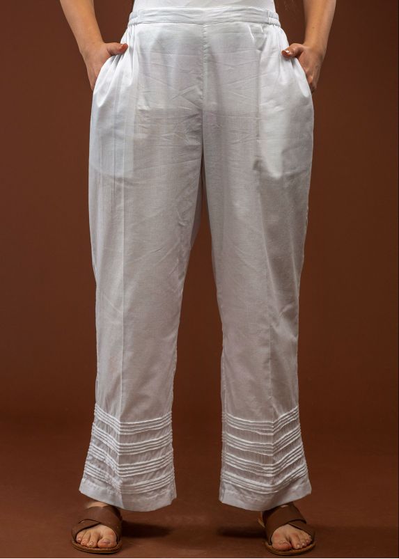 White Straight Fit Pleated Cotton Pants