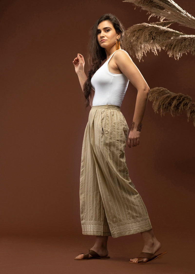 Beige Color Embroidered Cotton Culottes