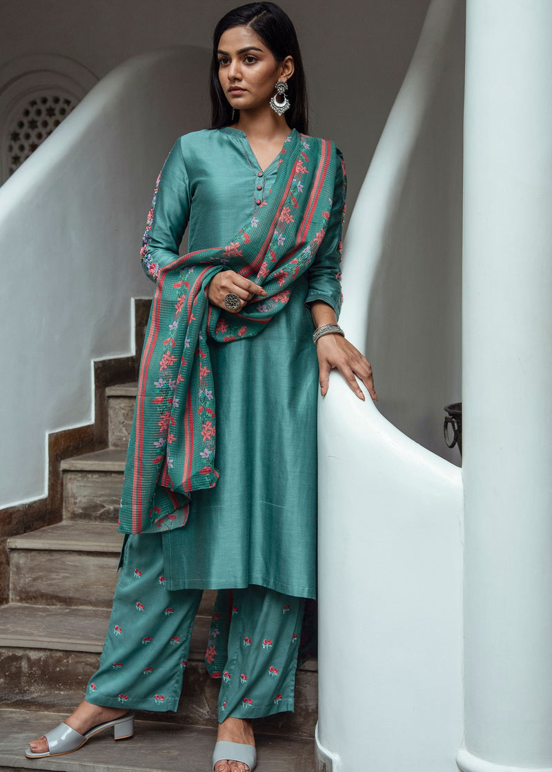 Puja Teal Embroidered Straight Pants
