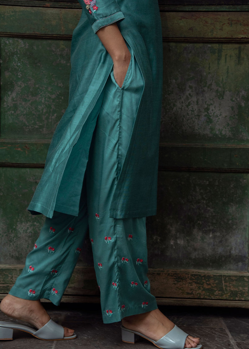 Puja Teal Embroidered Straight Pants